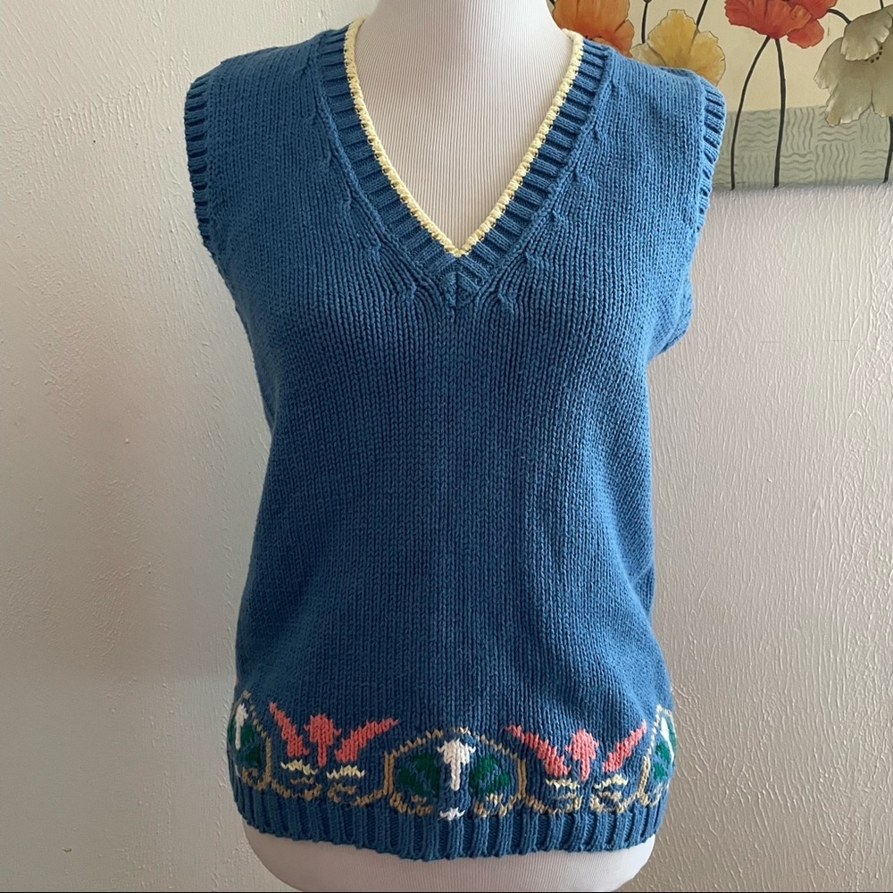 Vintage Cricket Womens Blue/multicolor Cotton V Neck Pullover Sweater Vest Sz S